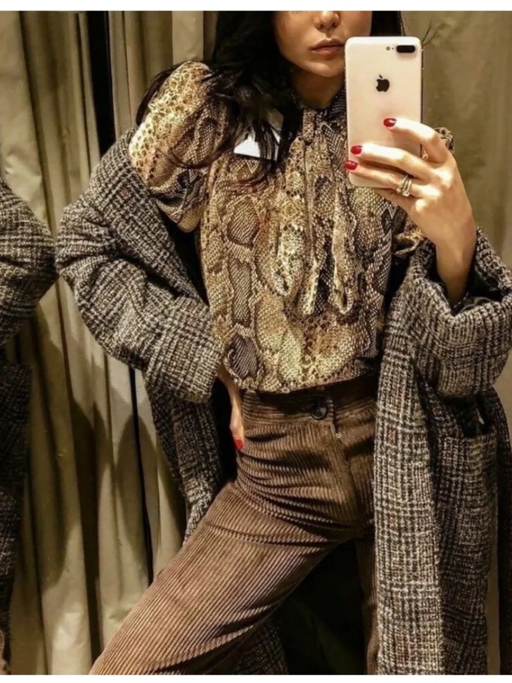 NWOT Zara Snake Print Tie-Neck Blouse in Beige and Brown Size Small